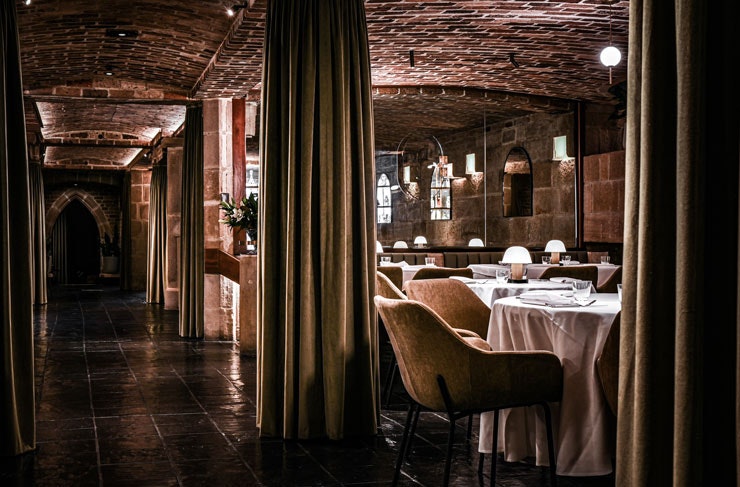 The moody lamplit dining room at Beckett's.